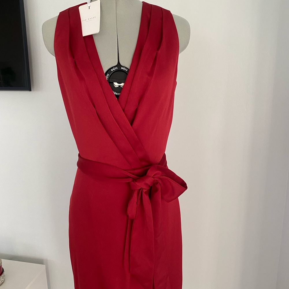 Ted Baker Womens Red Wrap Midi Dress  Sleeveless Sheath Belted SZ 0